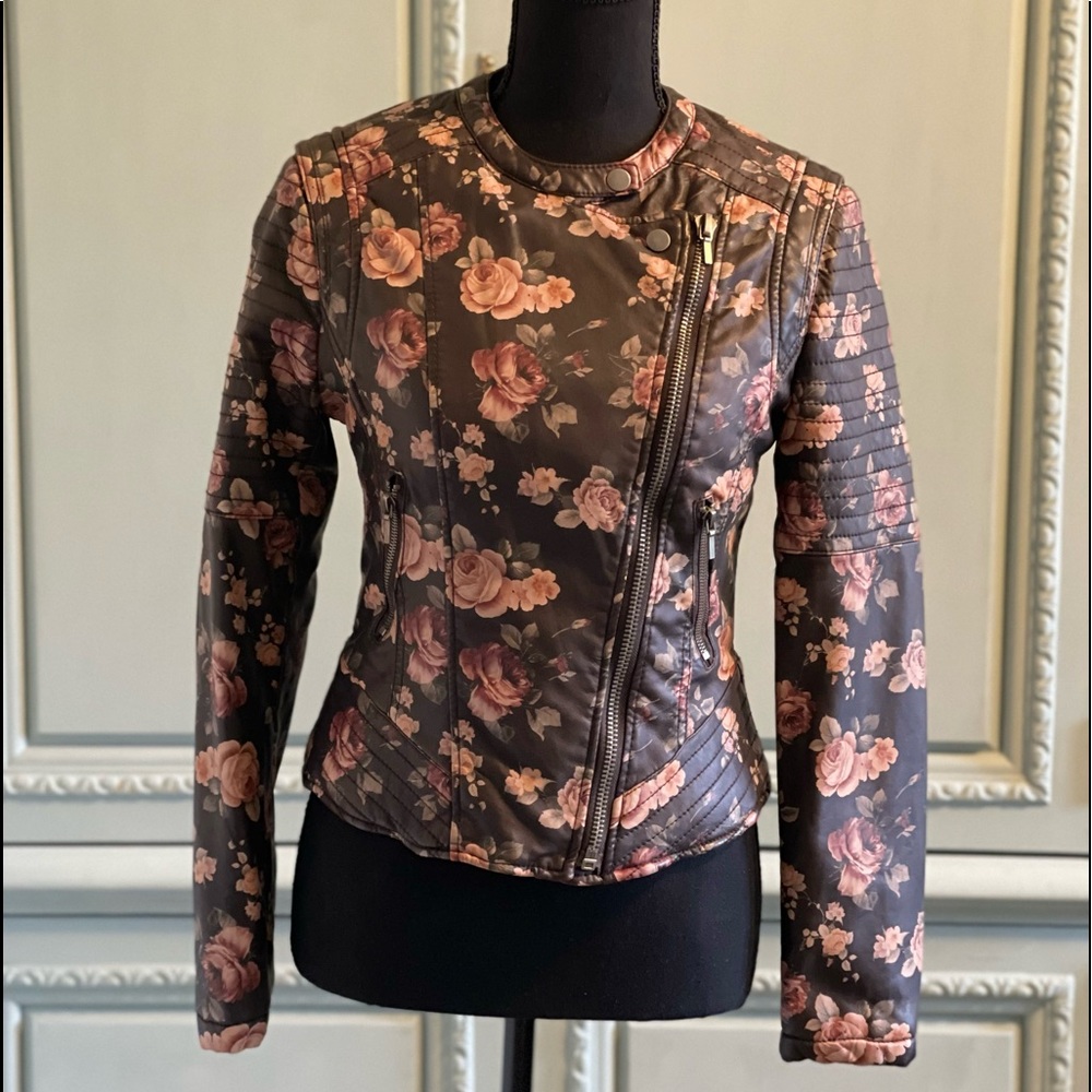 Faux leather floral print moto biker jacket